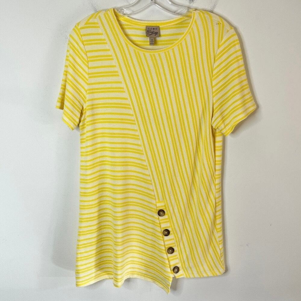 Como Vintage Womens Knit Top M Yellow Striped Short Sleeve Asymmetric Button Hem - Picture 3 of 9
